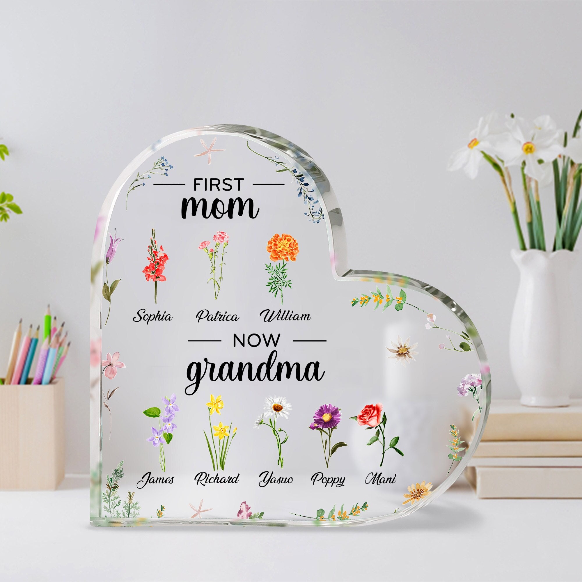 Personalized First Mom, Now Grandma Heart Acrylic Plaque, Birth Month ...