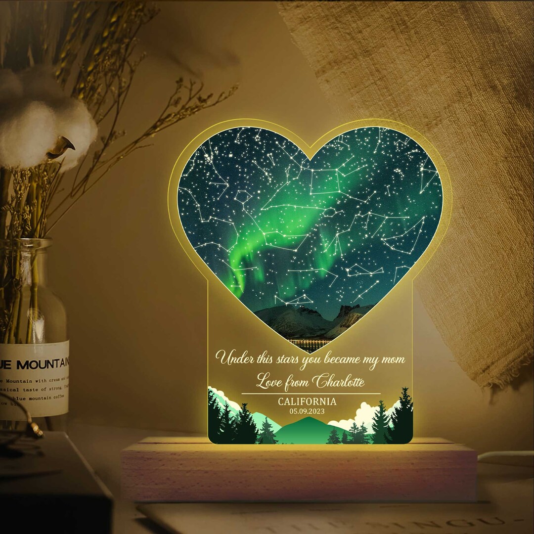 Personalized Star Map 3D Multicolor Led Light Wooden Base, Custom Star Map Night Light, Under