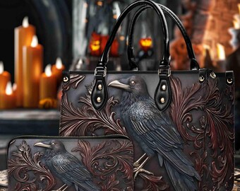 Raven PU Leather Handbag With Handle, Gothic Crow Bags, Halloween