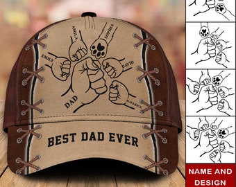 Personalized Fist Bump Dad Kids Pet 3D All Over Printed Cap, Dad And Kids Names Cap, Best Dad Ever Hat, Father's Day Gift For Dad, Grandpa