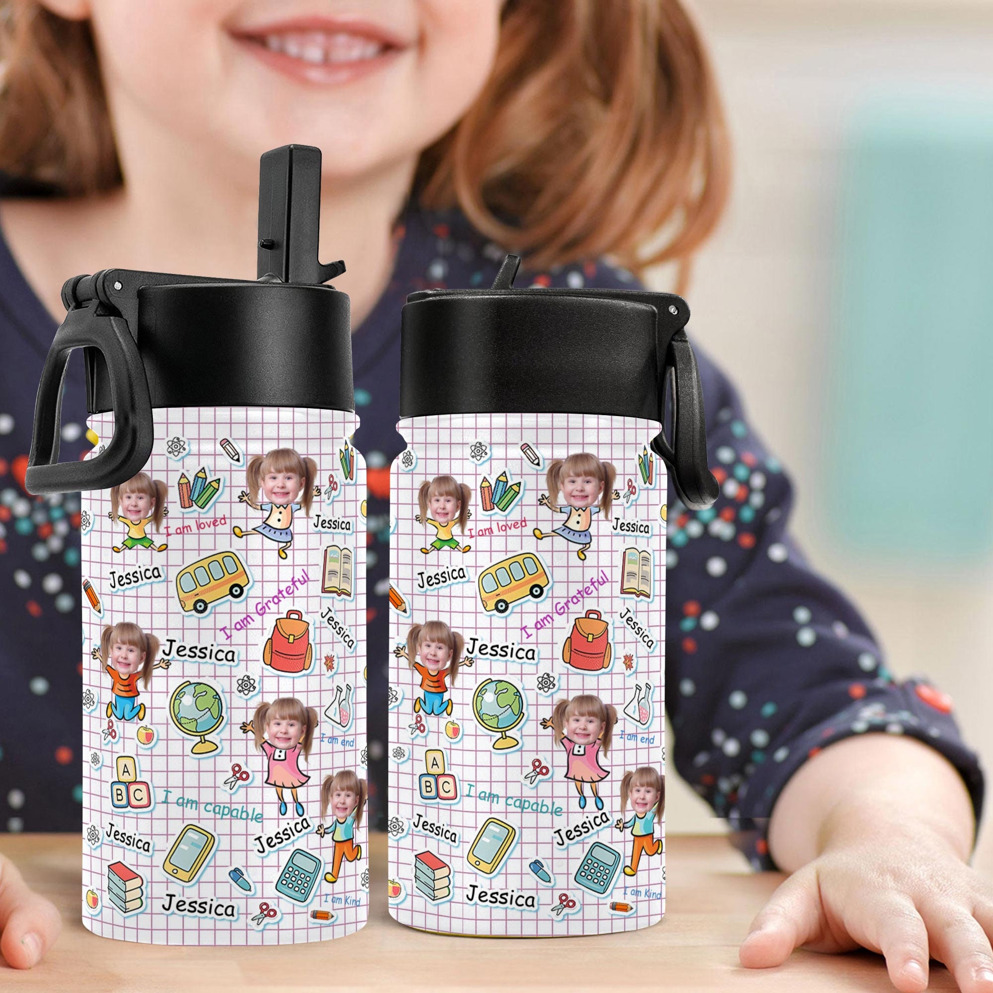 Personalized Name Kids 11 Oz Water Bottle, Back To School Gift, Custom Photo Face Kids Water Bottle, Little Boy, Little Girl Birthday Gift