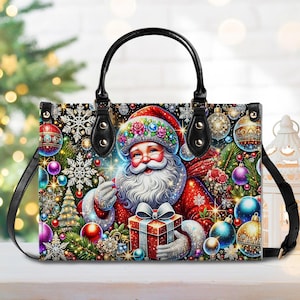 Faux Rhinestone Santa Claus Christmas Handbag With Handle, 2D Flat Santa Christmas Bags, Christmas Gift For her, Christmas Accessories Gift