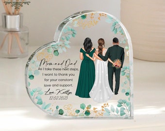 Personalized Custom Drawn Attire parents of the bride gift from daughter, wedding gift for mom, dad, family gift heart acrylic plaque