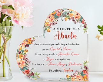 Gepersonaliseerde Spaanse Abuela cadeau voor oma hart acryl plaquette, bericht aan Abuela in het Spaans, Abuelita geschenken, Madre geschenken