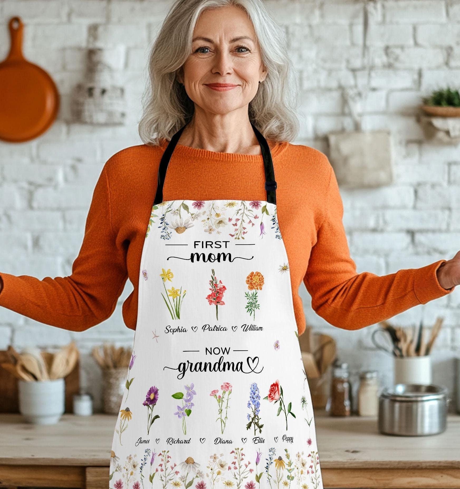 Personalized First Mom, Now Grandma Apron, Birth Month Flowers Gift For Grandma, Christmas Gift, Nana Gifts, Mother's Day Gift For Grandma