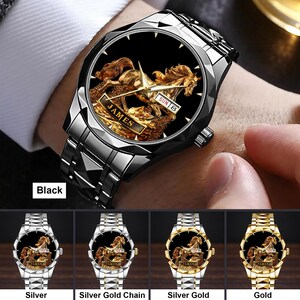 May include: Black wristwatch with a silver band and a black face featuring a gold horse design. The watch face displays the day and date. The word "JAMES" is visible on the watch face. Additional watch styles in silver and gold are shown below.