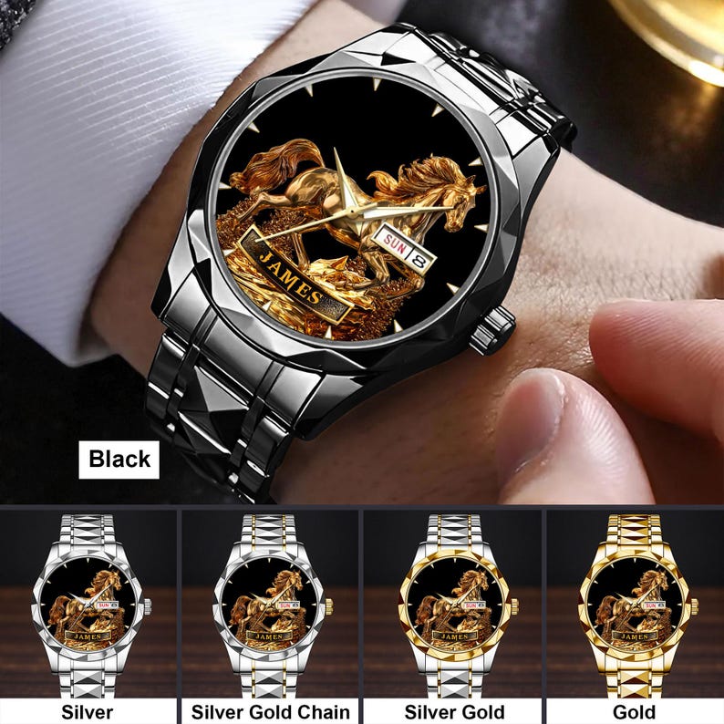 May include: Black wristwatch with a silver band and a black face featuring a gold horse design. The watch face displays the day and date. The word "JAMES" is visible on the watch face. Additional watch styles in silver and gold are shown below.