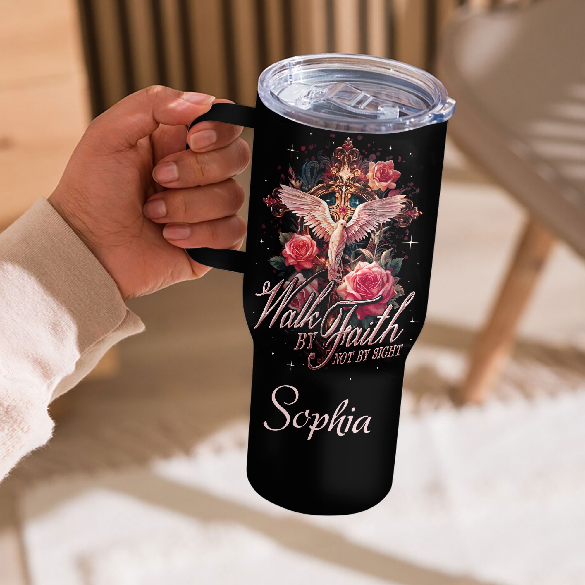 Personalized Jesus And Cross Butterfly 40 Oz Tumbler, Walk By Faith Not By Sight Tumbler