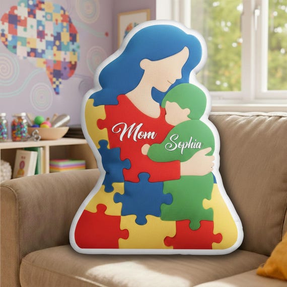 Personalized Autism Mom Hug Kid Pillow, Puzzle Piece Mother and Child Pillow, Custom Autism Awareness Cushion