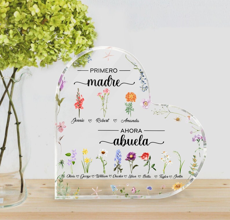 Personalized Spanish Abuela Gift For Grandma Heart Acrylic Plaque, Custom Birth Month Flowers, Primero Madre, Ahora Abuela, Abuelita Gifts image 1