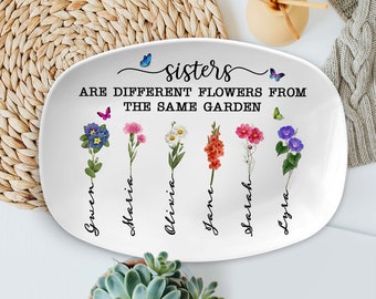 Personalized Sister Platter, Custom Birth Month Flowers Platter For Sister, Sister Floral Plate, Sister Gift From Sister, Birthday Gift