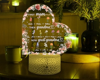 Personalized First Mom, Then Grandma, Now Great Grandma 3D Led Night Light, Birth Month Flowers Gift For Great Grandmother, Grandma Gift