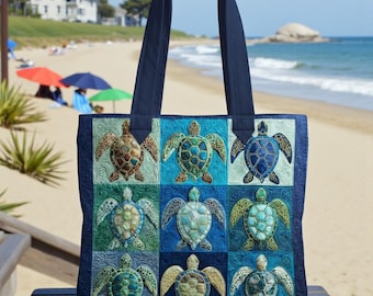 Sea Turtle Quilt Tote Bag, Ocean Animal Bags, Marine Life Gift, Ocean Lover Gift, Turtle Lover Gift, Cute Beach Tote Bag, Animal Lover Gift