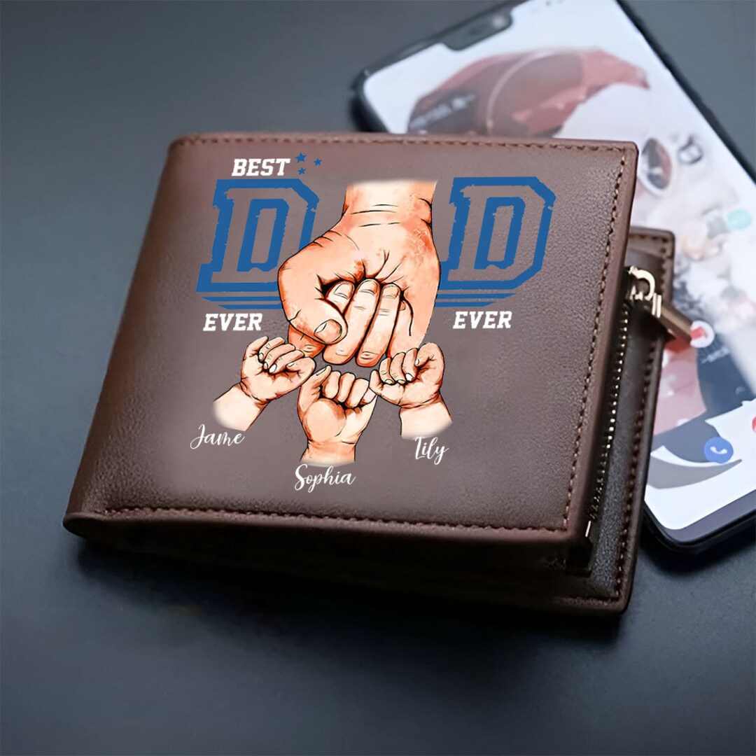 Custom Family Name Male Leather Wallet, Personalized Fist Bump Dad Kids ...