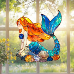 Faux Stained Glass Mermaid Suncatcher Acrylic Window Hanging, Mermaid Suncatcher Gift, Ocean Mermaid Acrylic Window Decor, Ocean Lover Gift