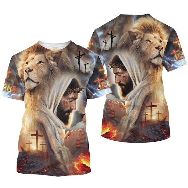 Jesus with lion 3D shirt, Jesus All Over printed shirt, Jesus Hoodies, Jesus Tshirt, Jesus sweatshirt, Jesus Cross shirt, Jesus apparel