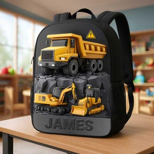 May include: Black backpack featuring a 3D design of yellow construction vehicles: a dump truck, excavator, and bulldozer. The name "JAMES" is embossed at the bottom. A yellow warning sign is at the top. The backpack is on a wooden table.
