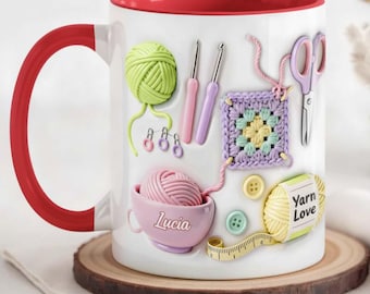 Personalized 2D Flat Printed Crochet Ceramic Mug, Custom Yarn And Crochet Tools Design, Ideal Gift for Crafters, Knitting & Crochet Lovers