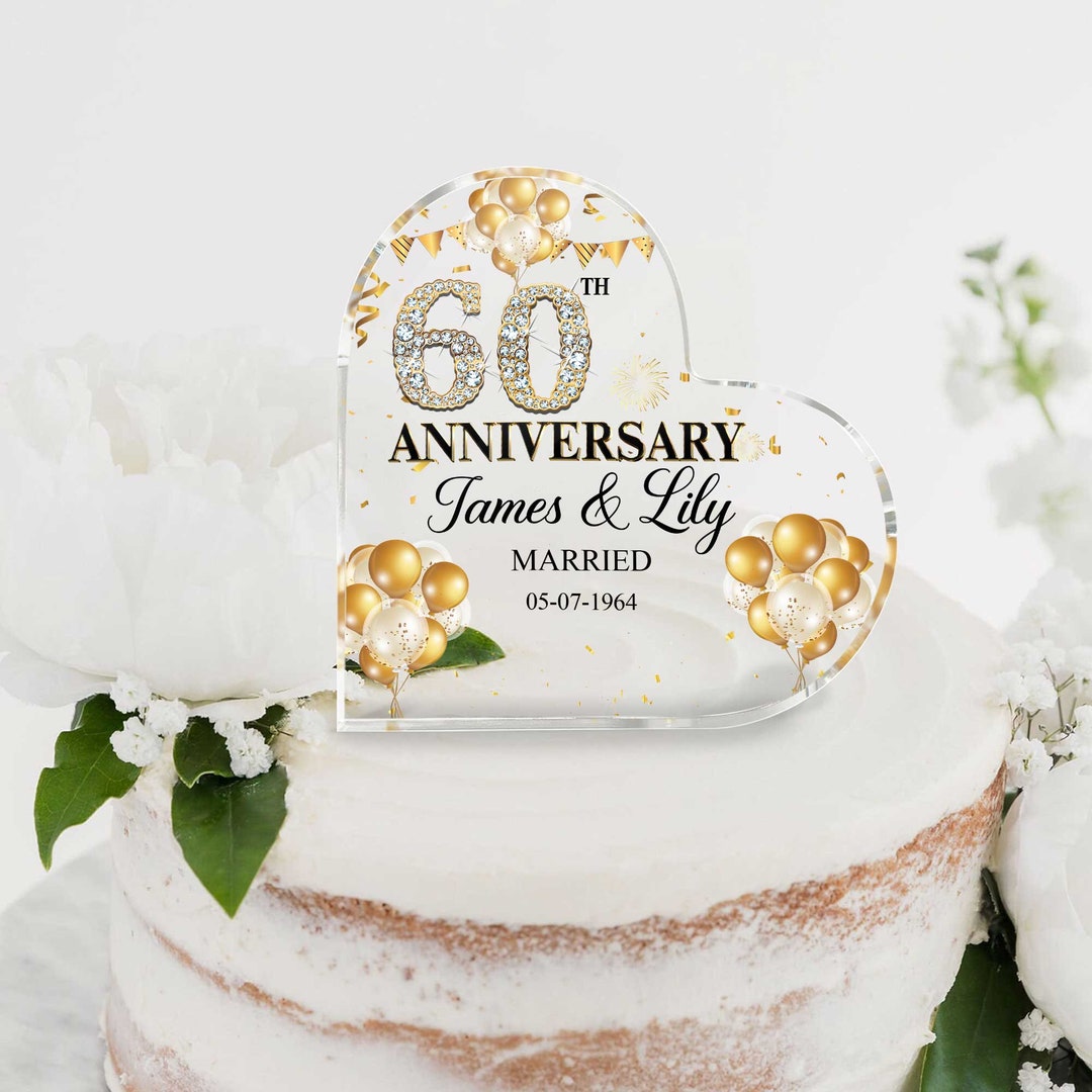 Personalized 60th Wedding Anniversary Cake Topper, Diamond Wedding Heart Acrylic Plaque, 60