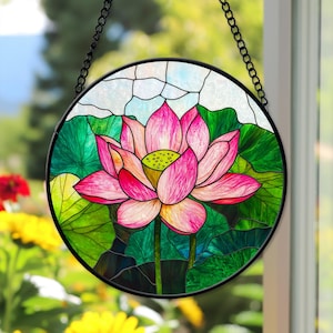 Lotus Flower Faux Stained Glass Home Decor, Lotus Suncatcher, Lotus Window Hanging Ornament, Lotus Lovers Gift, Christmas Gift For Women