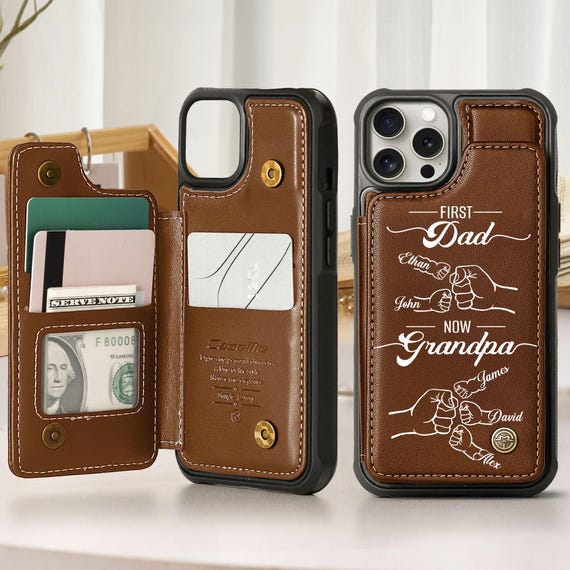 Personalized First Dad Now Grandpa Leather Flip Wallet Phone Case