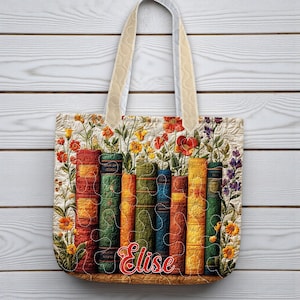 Personalized Book Lover Quilt Tote Bag, Reading Lover Bags, Bookish Gift, Quilt Tote Bag Gift For Book Lovers, Christmas Bookworm Tote Bag