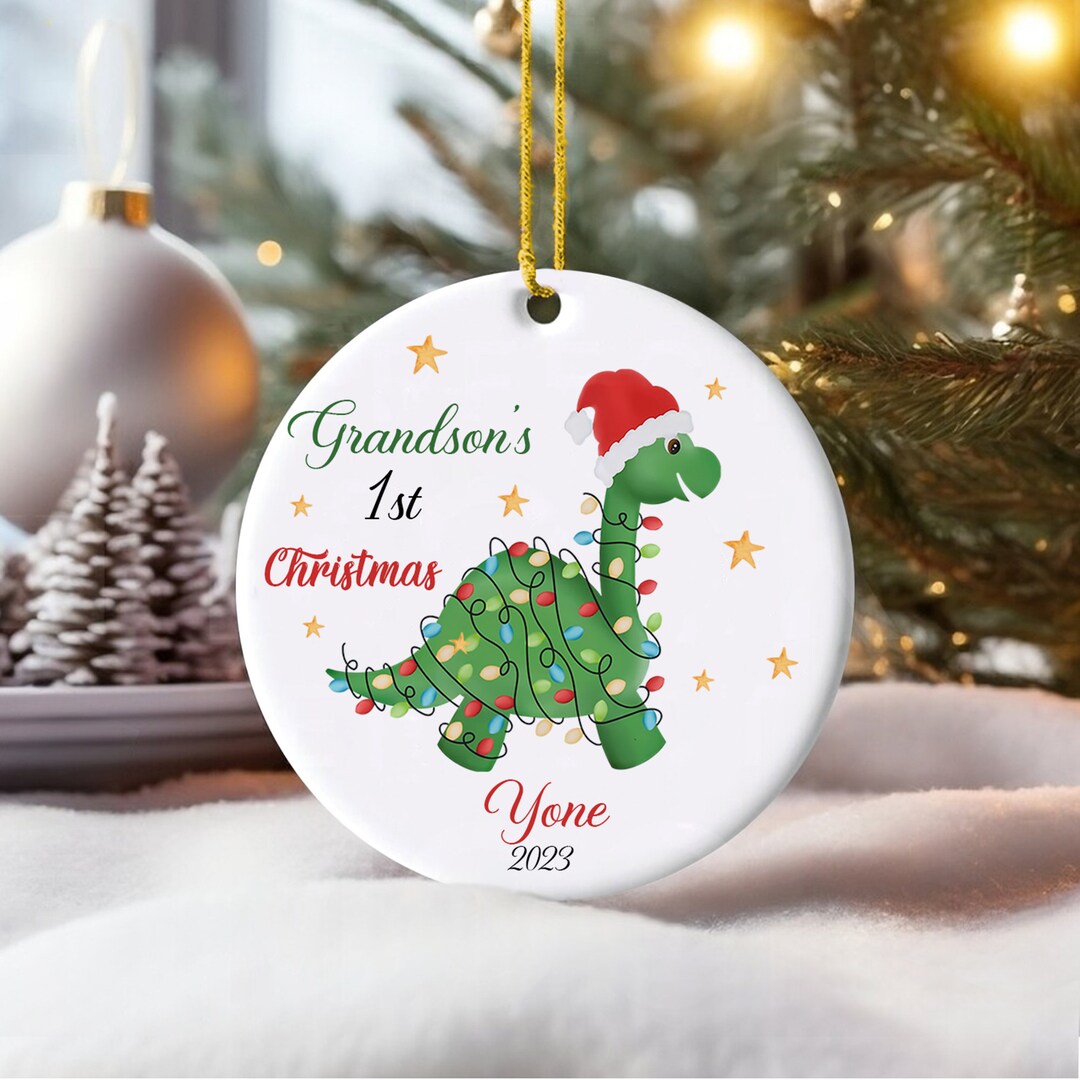 Personalized Grandson's First Christmas Circle Ceramic Ornament, Cute