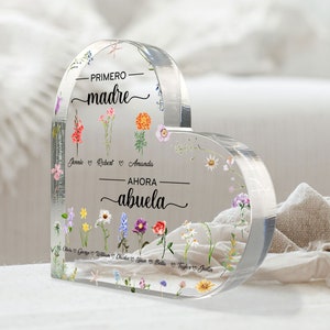 Personalized Spanish Abuela Gift For Grandma Heart Acrylic Plaque, Custom Birth Month Flowers, Primero Madre, Ahora Abuela, Abuelita Gifts image 3