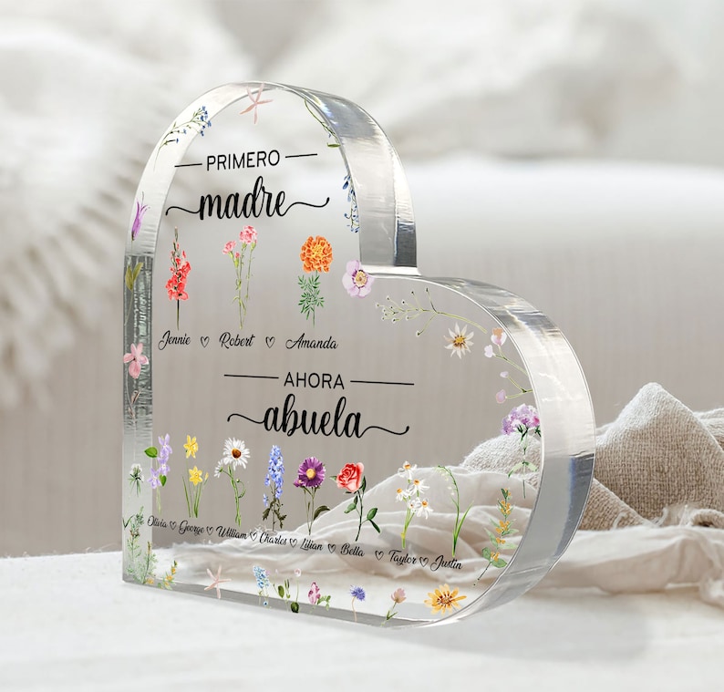 Personalized Spanish Abuela Gift For Grandma Heart Acrylic Plaque, Custom Birth Month Flowers, Primero Madre, Ahora Abuela, Abuelita Gifts image 3