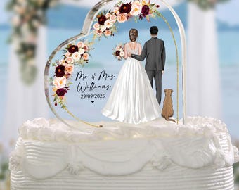 Personalized Bride And Groom With Pets Heart Acrylic Plaque, Custom Dress, Suit, Flowers Wedding Cake Topper, Anniversary Gift, Wedding Gift