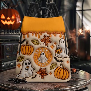 Spooky Vibe Print 3D Effect PU Leather Backpack, Ghost Pumpkin Print 3D Leather Backpack, Halloween Backpack, Trick Or Treat Halloween Bags