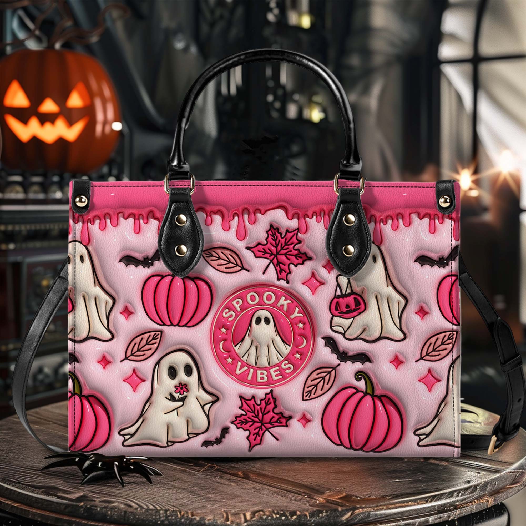 Discover Spooky Vibe Print 3D Effect Leather Handbag With Handle, Ghost Pumpkin Bags, Wallet, Print 3D Halloween Bags, Trick Or Treat Halloween Bags