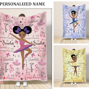 Personalized Afro Ballerina Fleece Blanket, Custom Blanket With Name, Black Princess Blanket, Birthday Gifts For Kid, African American Girl