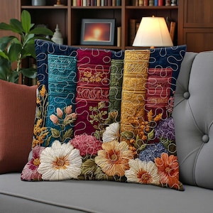 Books Quilted Pillow Case, Faux Embroidered Book Lover Cushion Cover, Reader Gift Decor, Literary Throw Pillow for Book Lovers and Libraries