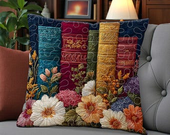 Books Quilted Pillow Case, Faux Embroidered Book Lover Cushion Cover, Reader Gift Decor, Literary Throw Pillow for Book Lovers and Libraries