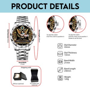 May include: A silver wristwatch with a black face featuring a golden eagle emblem and the text "UNITED STATES OF AMERICA". The watch has a 43mm dial diameter, 21mm band width, and a 230mm band length. The watch weighs 120g.