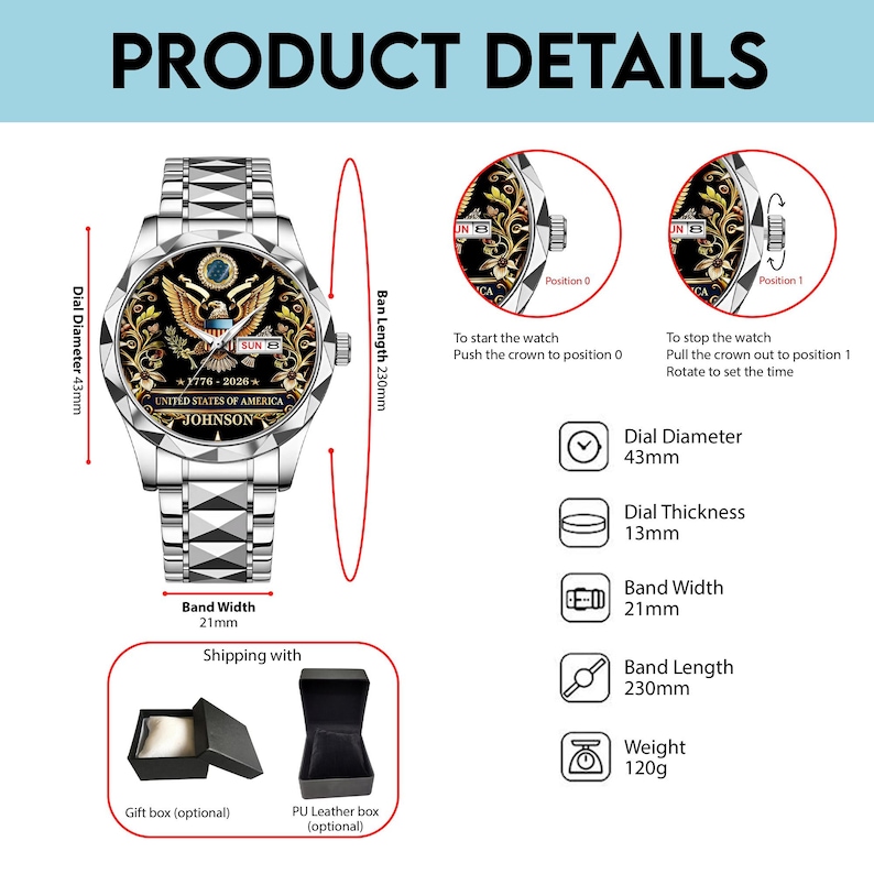 May include: A silver wristwatch with a black face featuring a golden eagle emblem and the text "UNITED STATES OF AMERICA". The watch has a 43mm dial diameter, 21mm band width, and a 230mm band length. The watch weighs 120g.