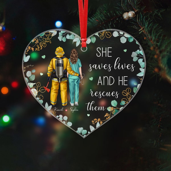 Personalisierte Feuerwehrmann und Krankenschwester Paar Weihnachten Acryl Herz Ornament, Feuerwehrmann Geschenk, Krankenschwester Geschenk, Valentinstag Geschenk