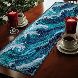 Ocean Wave Quilted Christmas Table Runner, Beach Christmas Table Runner, Ocean Lover Decor, Dining Linens, Christmas Holiday Decorations