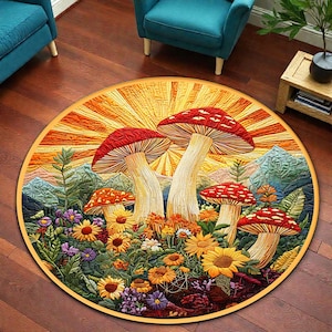 May include: A round rug featuring a vibrant mushroom and floral design. The rug showcases large red-capped mushrooms with white stems, surrounded by colorful flowers and green foliage. The background depicts a sunset and mountains.