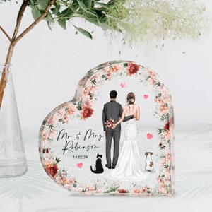 Impresión personalizada de novios con placa acrílica de corazón para mascotas, regalo de aniversario de boda, recuerdo de boda, impresión de boda personalizada