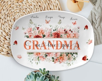 Personalized Butterflies Custom Kids Name Grandma Platter, Mom Platter, Grandma, Mom We Love You Floral Plate, Grandma Gift, Mom Gift