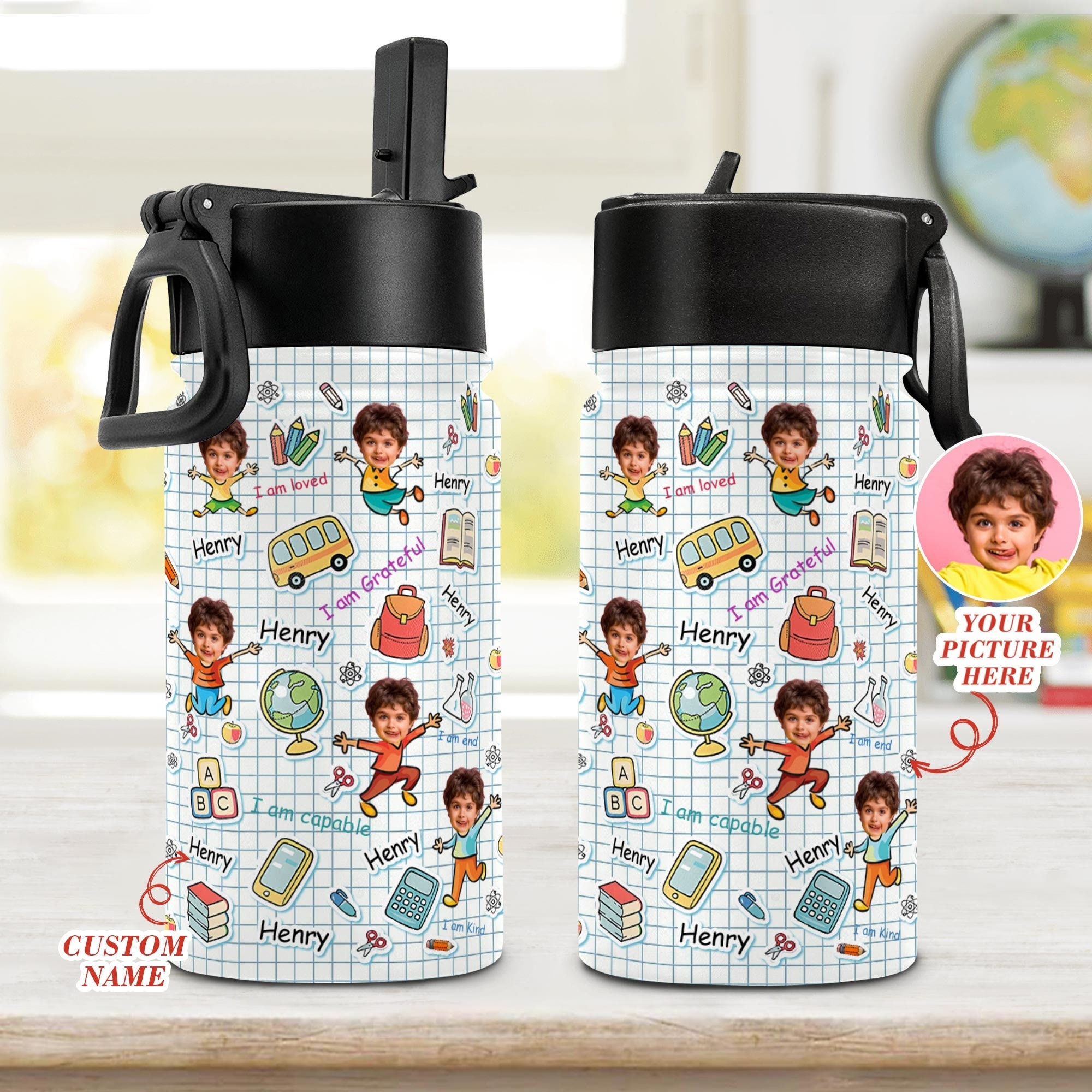 Personalized Name Kids 11 Oz Water Bottle, Back To School Gift, Custom Photo Face Kids Water Bottle, Little Boy, Little Girl Birthday Gift