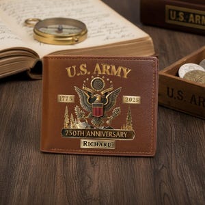Gepersonaliseerde leren portemonnee Amerikaanse leger, 250e verjaardag militaire portemonnee, aangepaste naam veteraan cadeau voor mannen, onafhankelijke 250e portemonnee