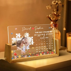 Calendrier personnalisé Puzzle photo pour couple Veilleuse, Cadeaux pour la Saint-Valentin, Cadeau d'anniversaire pour couple, Lampe Le jour où j'ai trouvé la pièce manquante