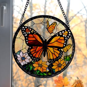 Faux Stained Glass Monarch Butterfly Suncatcher, Butterfly window hangings for garden, House Decoration, Butterfly Decor, Housewarming