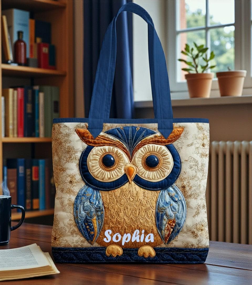 Personalized Owl Quilted Tote Bag, Colorful Owl Quilt Purse, Owl Lover Gift, Nature Animal Quilt Han