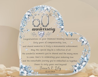 Personalized 60th Wedding Anniversary Gift Heart Acrylic Plaque, 60th Diamond Wedding Gifts For Parents, Grandparents, 60th Anniversary
