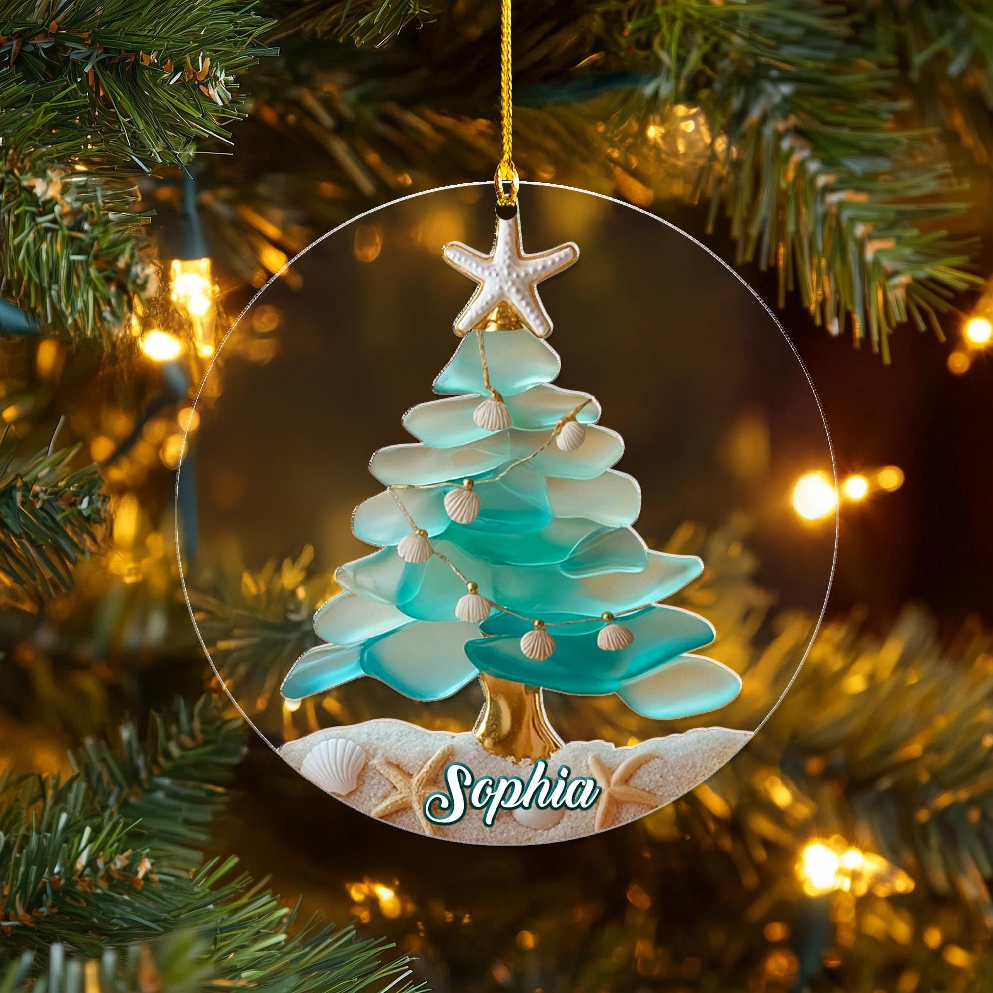 パーソナライズされたシーグラスクリスマスツリー2層アクリル