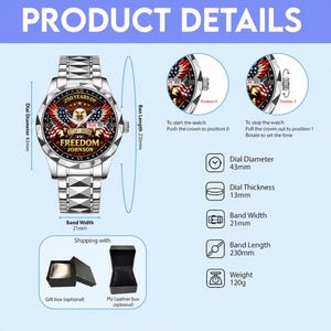 Puede incluir: Un reloj de pulsera plateado con una esfera detallada que presenta un &aacute;guila, banderas americanas y el texto "250 YEARS OF FREEDOM". El reloj tiene un di&aacute;metro de esfera de 43 mm y un ancho de banda de 21 mm. La longitud de la banda es de 230 mm. El reloj pesa 120g.